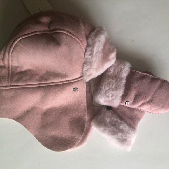 UGG KIDS LEATHER & REAL SHEARLING TRAPPER HAT AND MITTENS SET. SHEEPSKIN - Picture 3 of 16